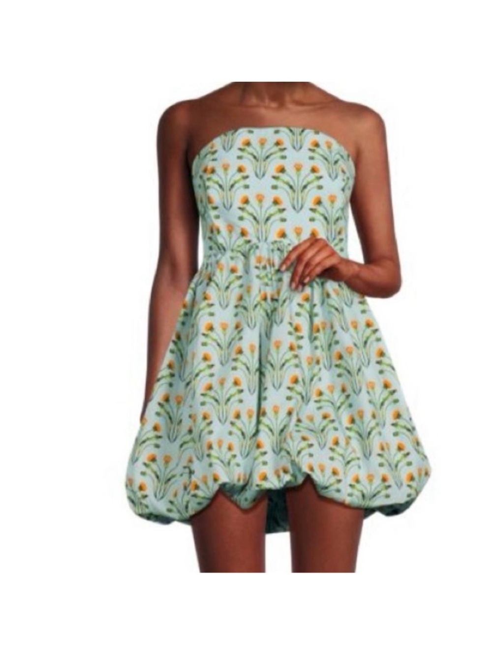 Agua Bendits Strapless Floral Bubble Hem Mini Dress - Mint with Yellow Flowers